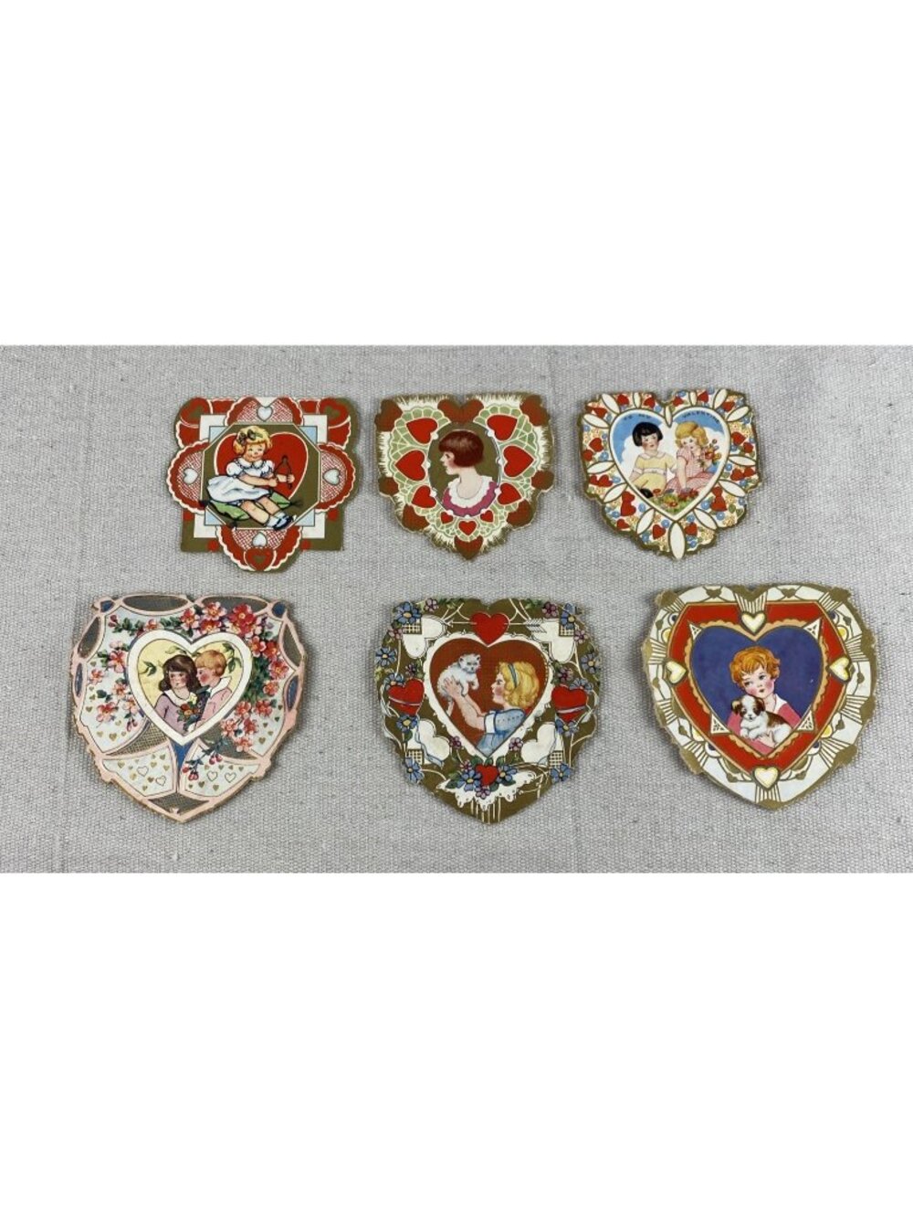 Lot Of 6 Antique Whitney Made Heart Valentine's Day Cards Die Cut Embossed 1920s